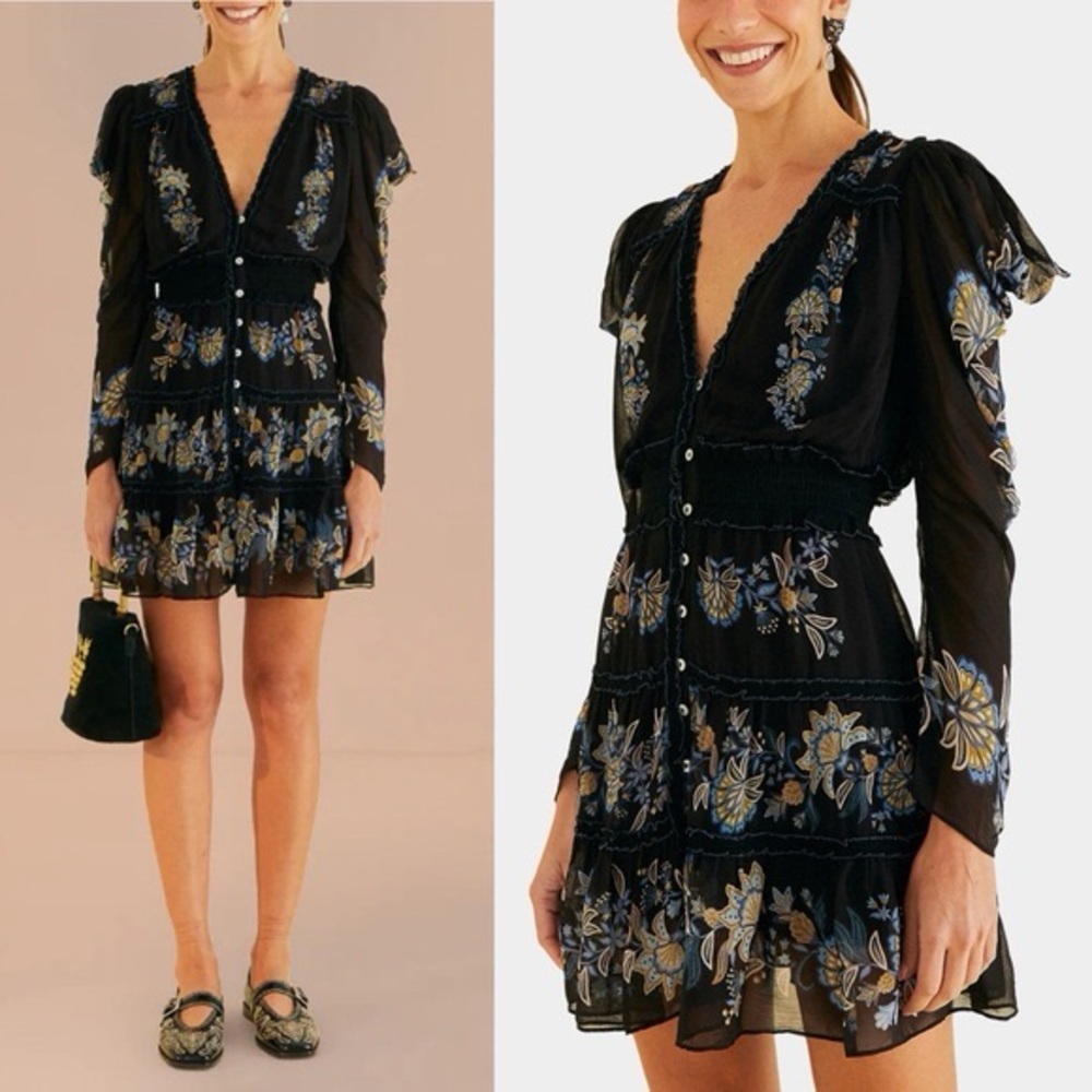 FARM Rio Black and Blue Floral Long Sleeve Dress